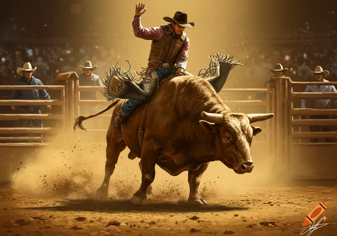 A cowboy rides a bucking bull in a dusty rodeo arena, with a blurred crowd in the background, in a painted style.