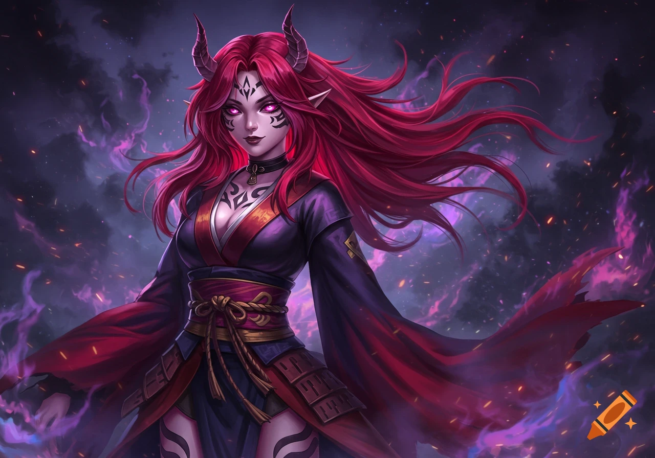 Anime-style demon girl with long red hair, horns, glowing purple eyes, and tattoos, wearing a dark kimono, surrounded by purple smoke and embers.