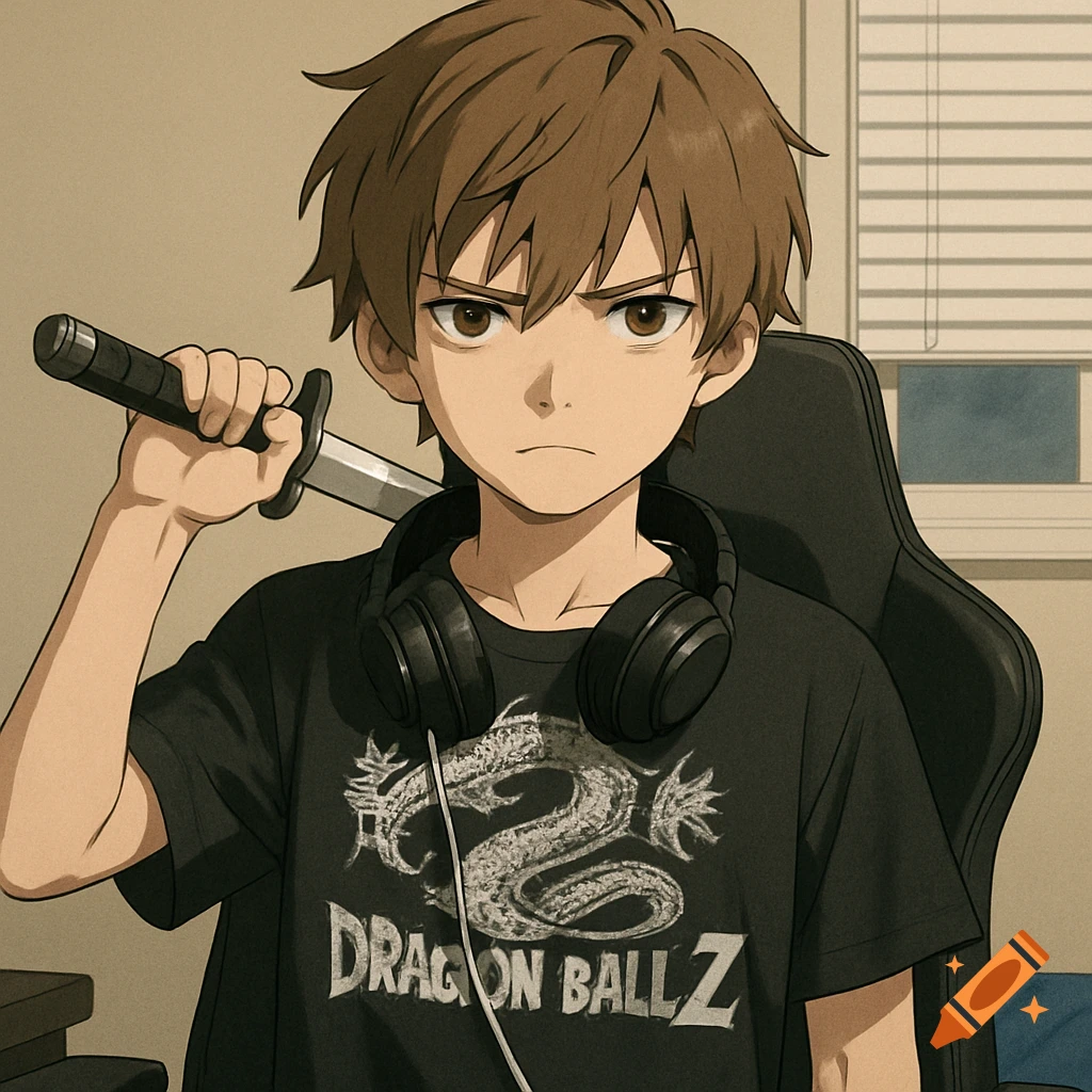 An anime-style boy with brown hair wears headphones and a "Dragon Ball Z" t-shirt, holding a sword behind his head with a serious expression.
