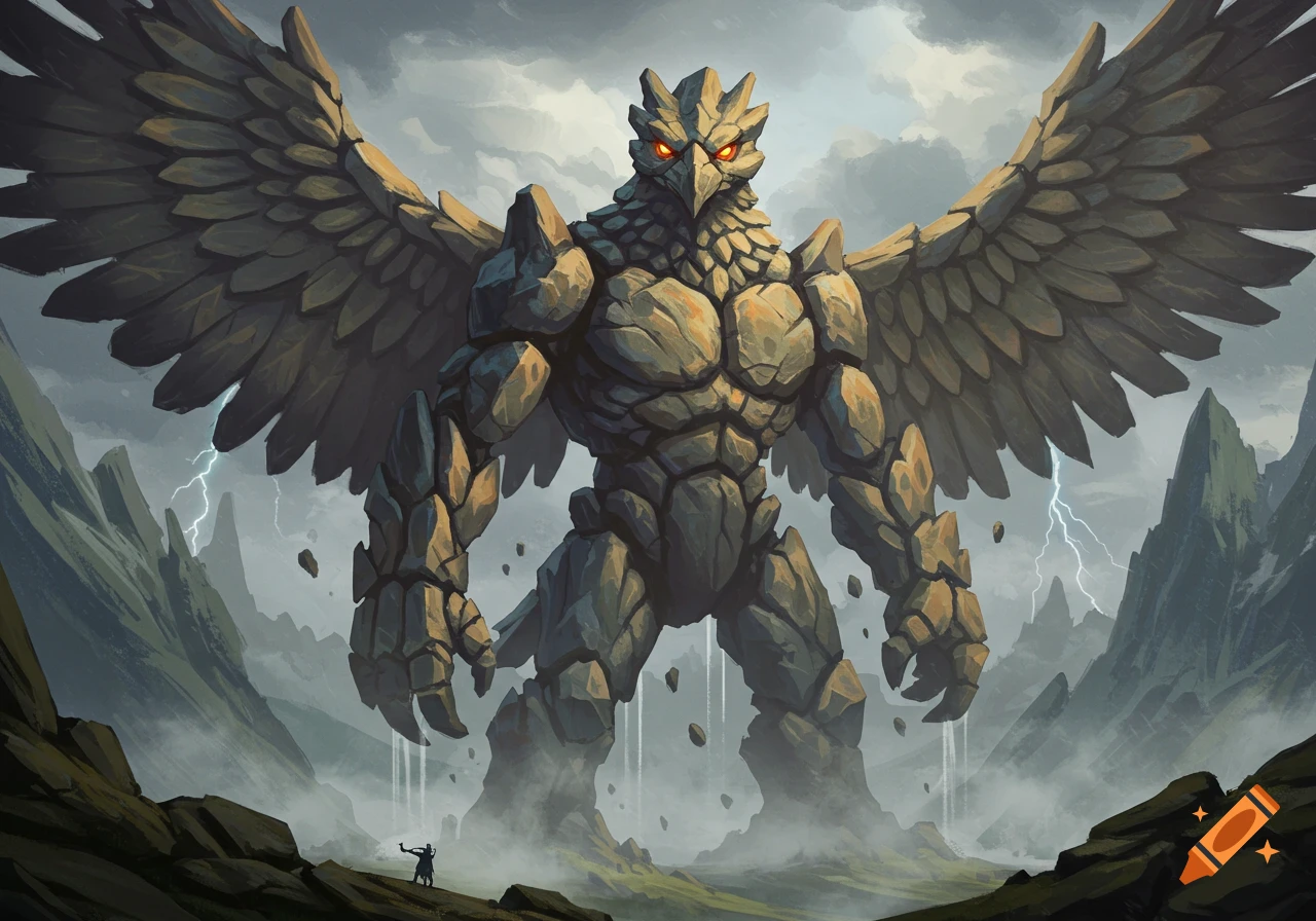 A massive, muscular eagle-like rock creature with glowing red eyes stands in a mountain valley under a stormy sky, with a tiny human figure below.