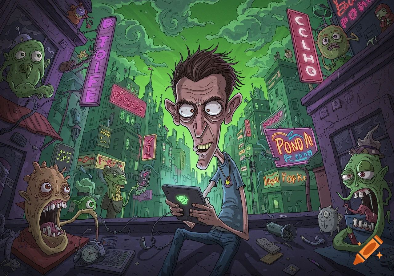 A grotesque, skinny man stares at a glowing tablet in a neon-lit, chaotic city filled with bizarre, cartoonish monsters, in Jhonen Vasquez style.