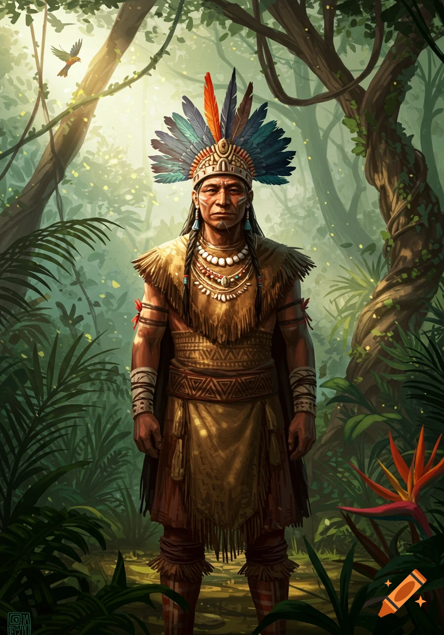 Illustration of an indigenous tribal leader in traditional attire and a feathered headdress, standing in a lush, sunlit jungle.