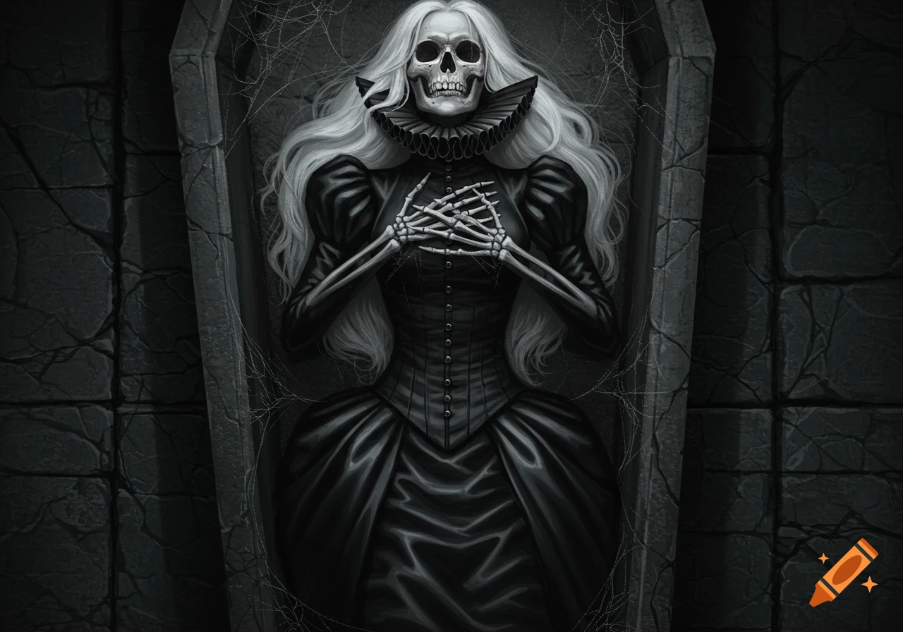 A grey-haired skeleton in a black Victorian dress with a ruffled collar lies in a stone sarcophagus covered in cobwebs. Dark fantasy art.