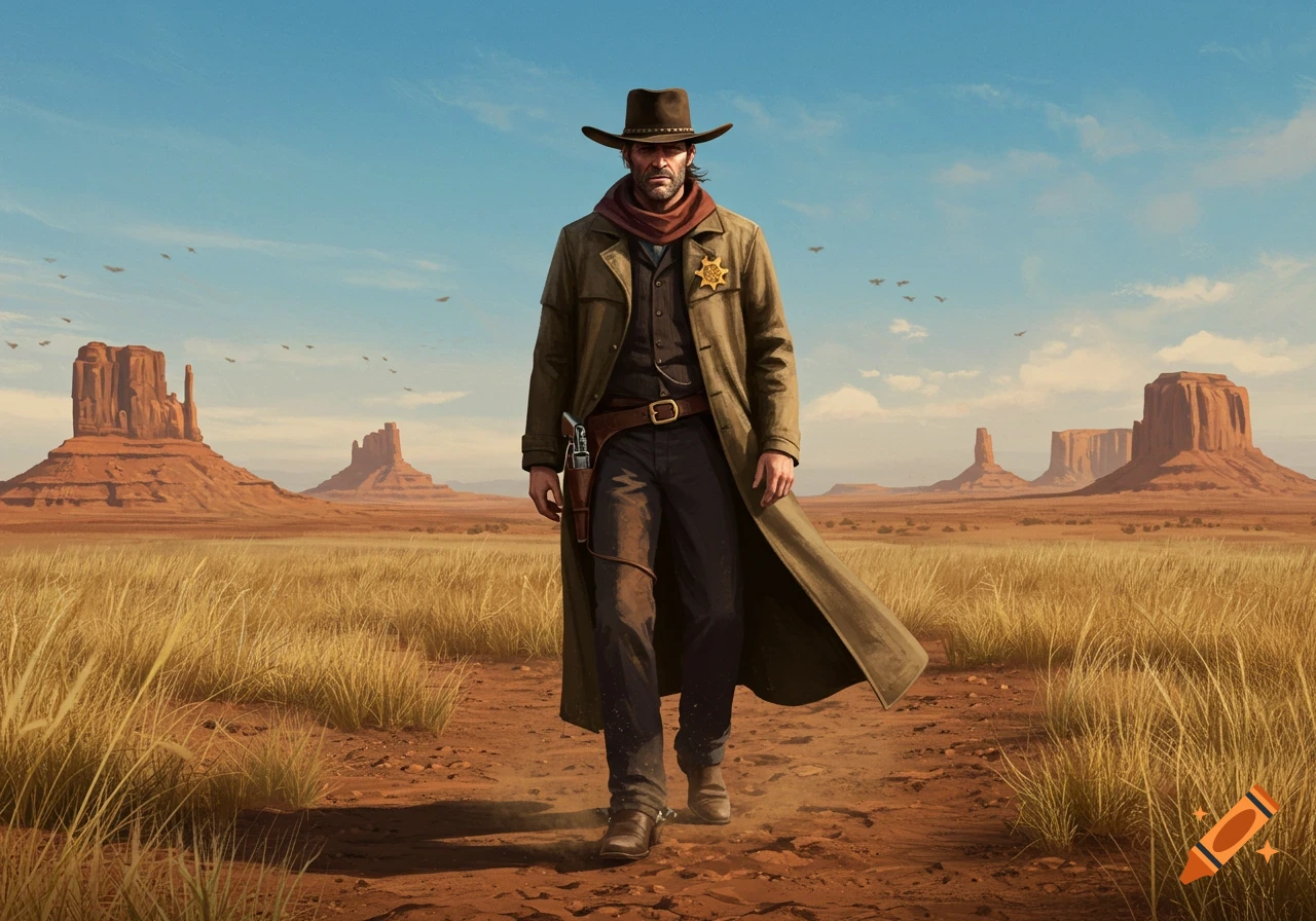A cowboy marshall walks across a vast, grassy desert plain with red rock formations under a blue sky.