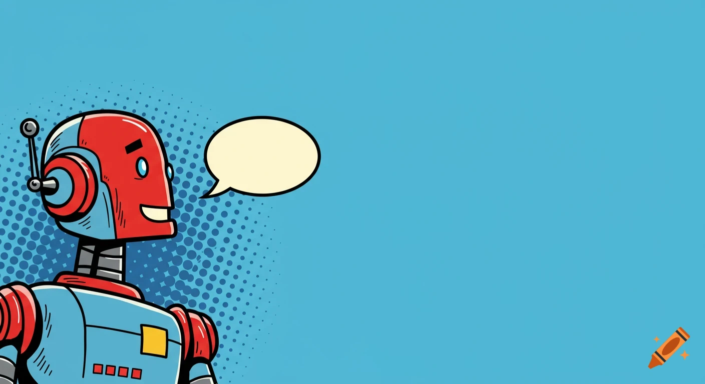 Pop-art style illustration of a red and blue robot with a blank speech bubble, looking right against a blue background.