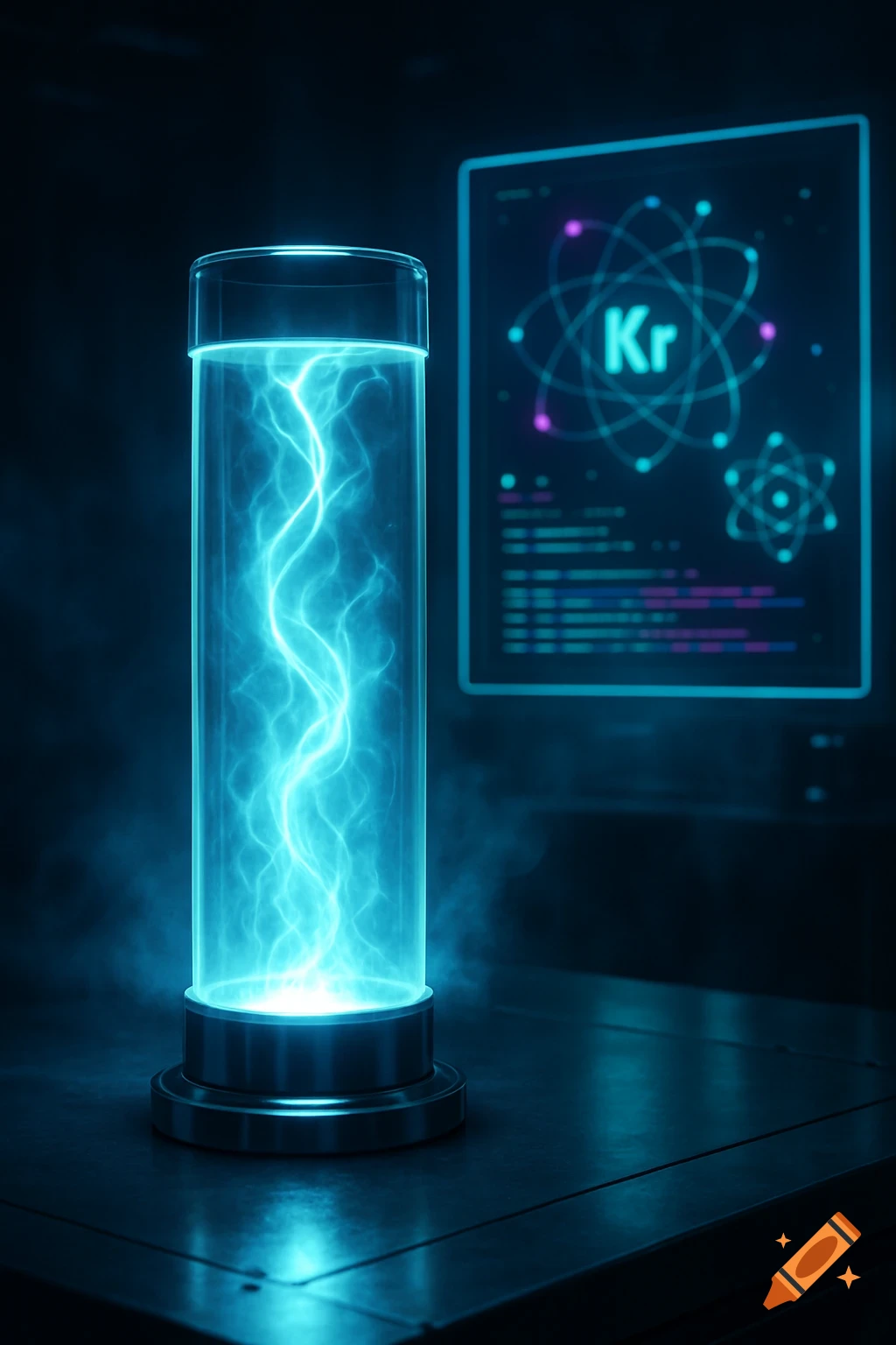 A glowing blue energy tube in a dark, futuristic laboratory, with a display showing the 'Kr' symbol and atomic structure.