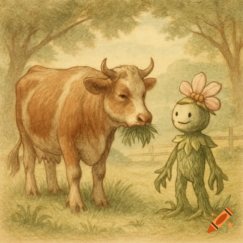 Colored pencil illustration of a cow eating grass next to a smiling plant monster with a flower on its head, in a field.