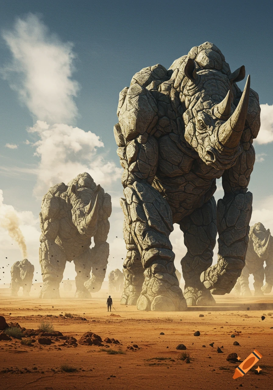 Massive rock rhinoceros-like monsters march across a vast desert landscape, dwarfing a lone human figure.