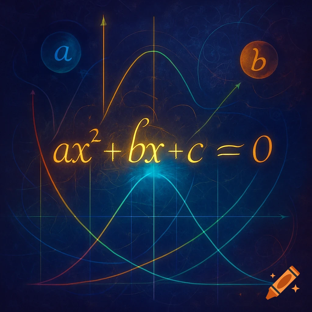Glowing quadratic equation ax^2 + bx + c = 0 on a dark background with colorful intersecting parabolic graphs, axes, and glowing letters 'a' and 'b'.