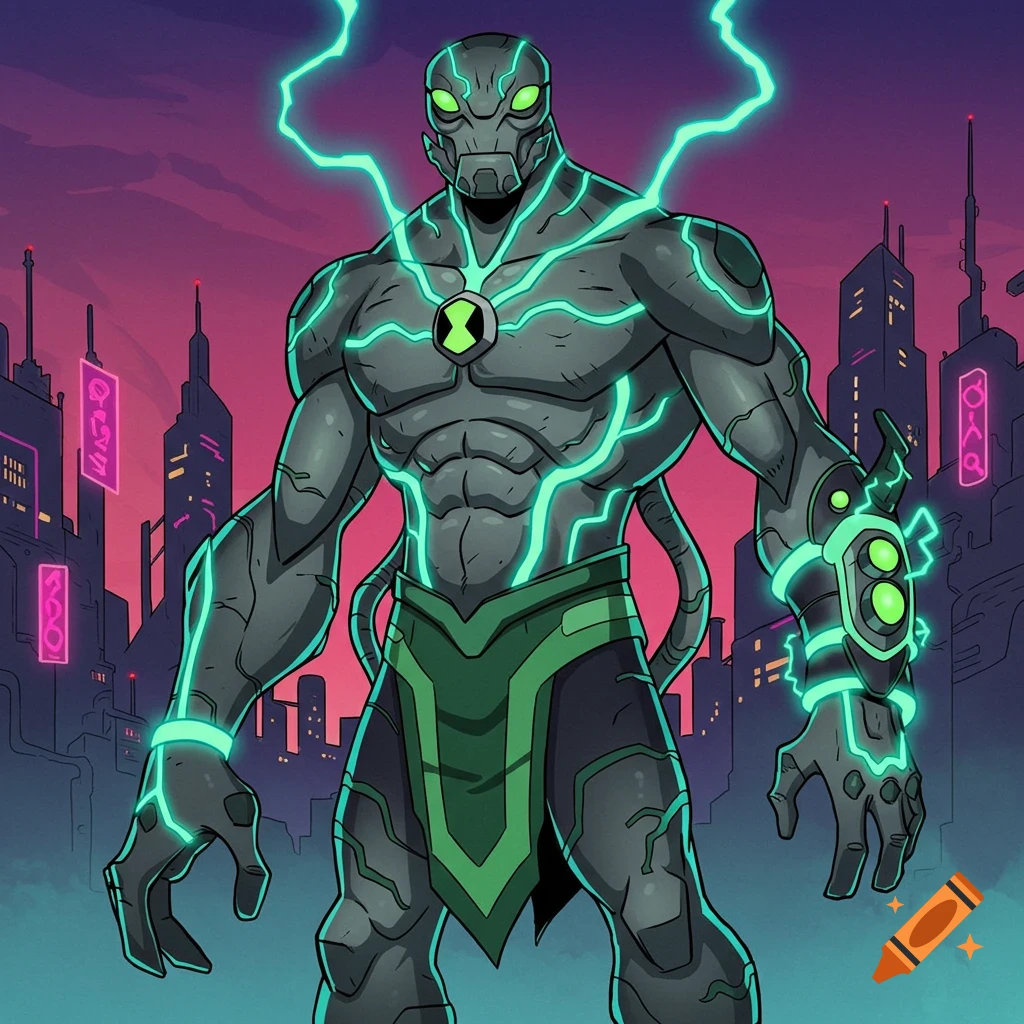 A muscular grey alien with glowing green lines and Omnitrix symbol stands in a futuristic city at dusk, cartoon style.