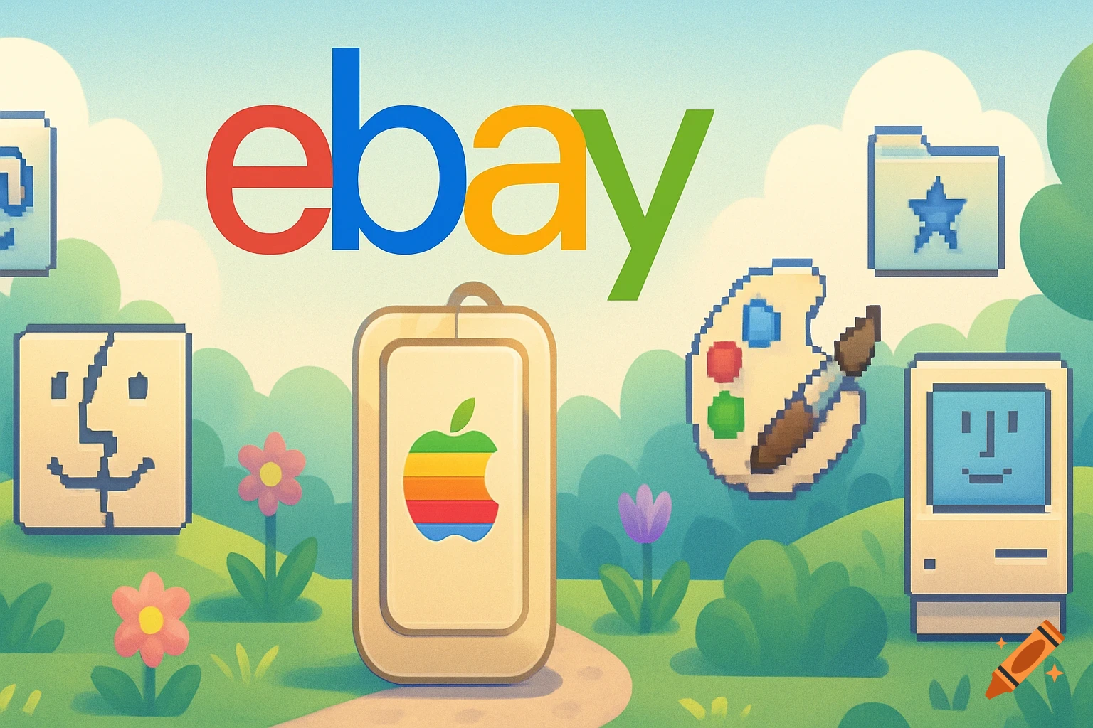 eBay logo above a whimsical landscape with pixel art classic Mac OS icons: a happy Mac, a folder, a palette, and a rainbow Apple mouse.