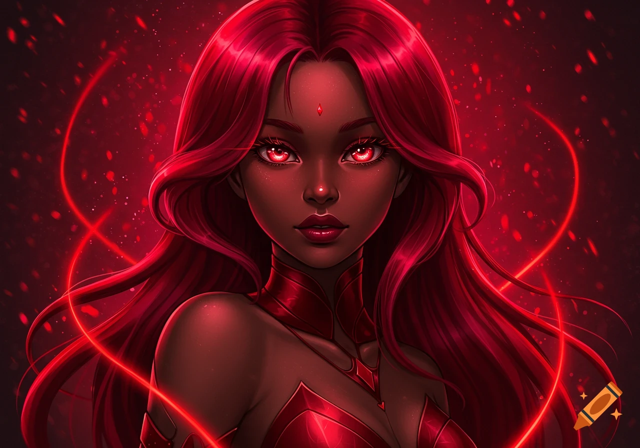 Close-up of a dark-skinned anime girl with long red hair, glowing red eyes, and a red outfit, against a sparkling red background.