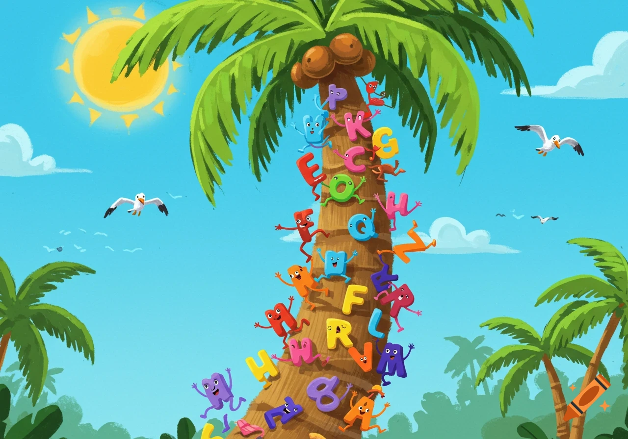 Colorful cartoon alphabet letters with faces and limbs climb a tall palm tree under a sunny blue sky with seagulls flying.