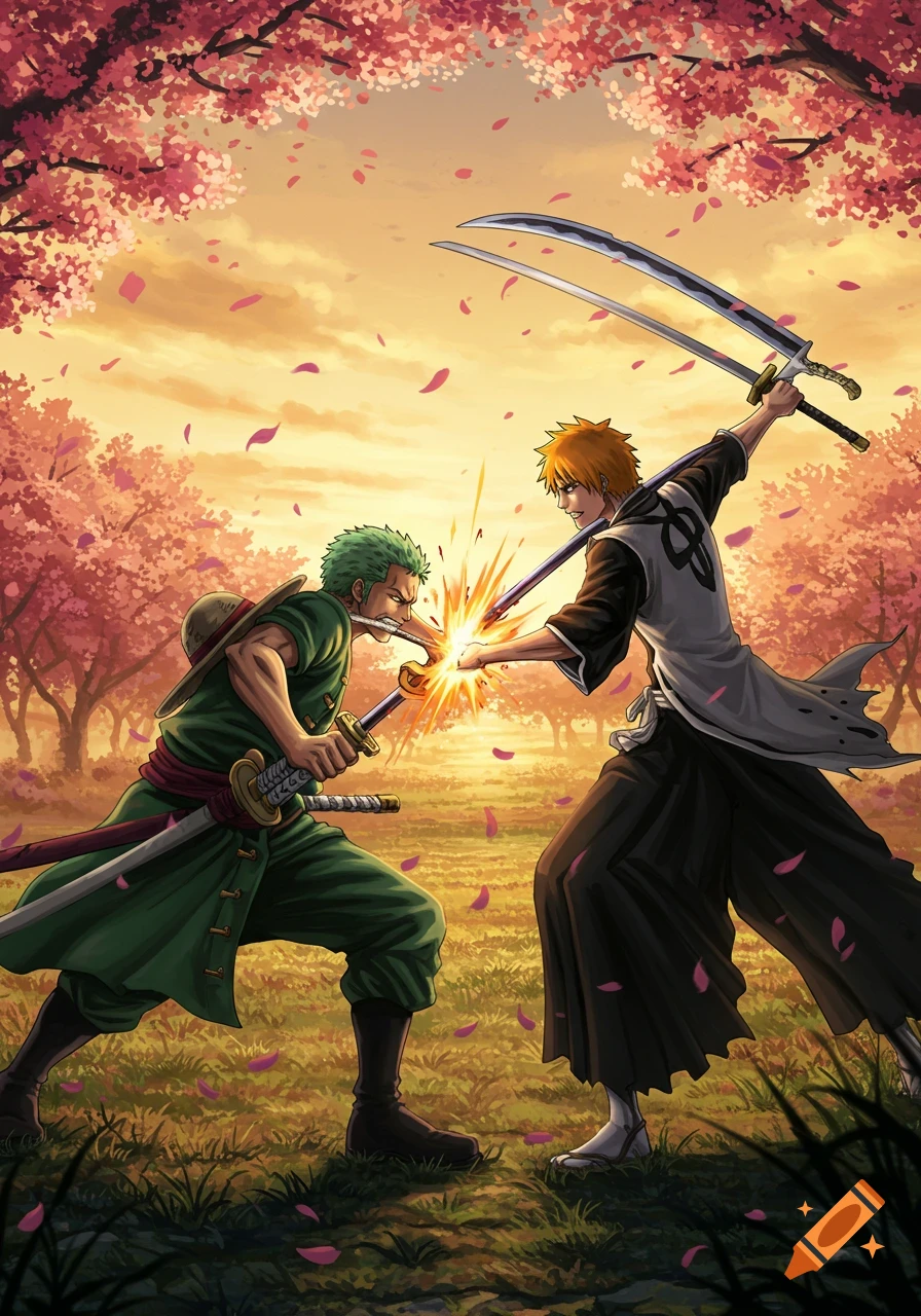 Anime illustration of Zoro and Ichigo clashing swords under cherry blossom trees at sunset.