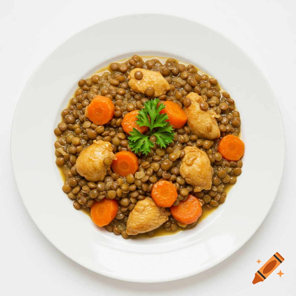 Overhead view of a white plate filled with brown lentil stew, small pieces of chicken, sliced carrots, and a parsley garnish on a white background, photorealistic.