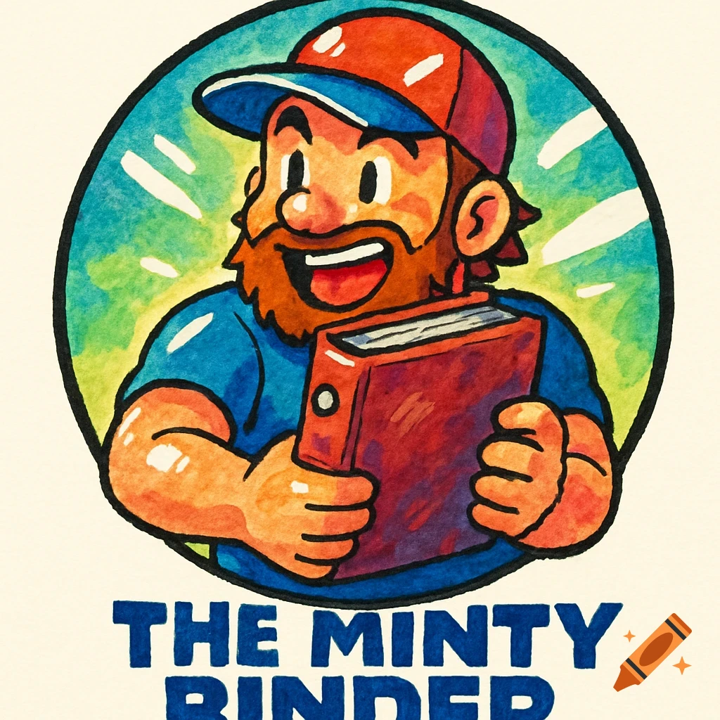 Vibrant 90s anime-style watercolor logo of a smiling bearded man in a cap holding a red binder. Text: 'The Minty Binder'.