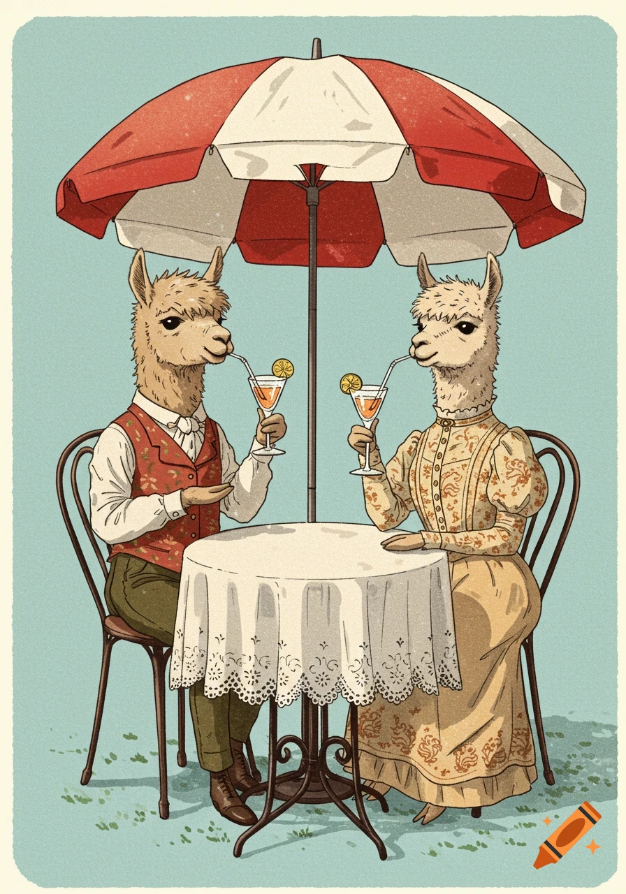 Two anthropomorphic alpacas in elegant clothes drink cocktails at an outdoor table under a parasol in a vintage illustration style.