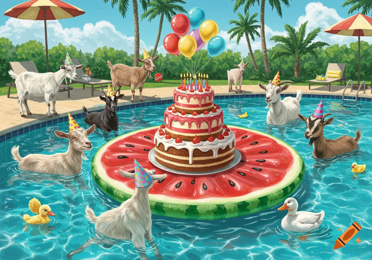 Illustrated scene of goats wearing party hats celebrating a birthday in a swimming pool, with a cake on a watermelon float and balloons.