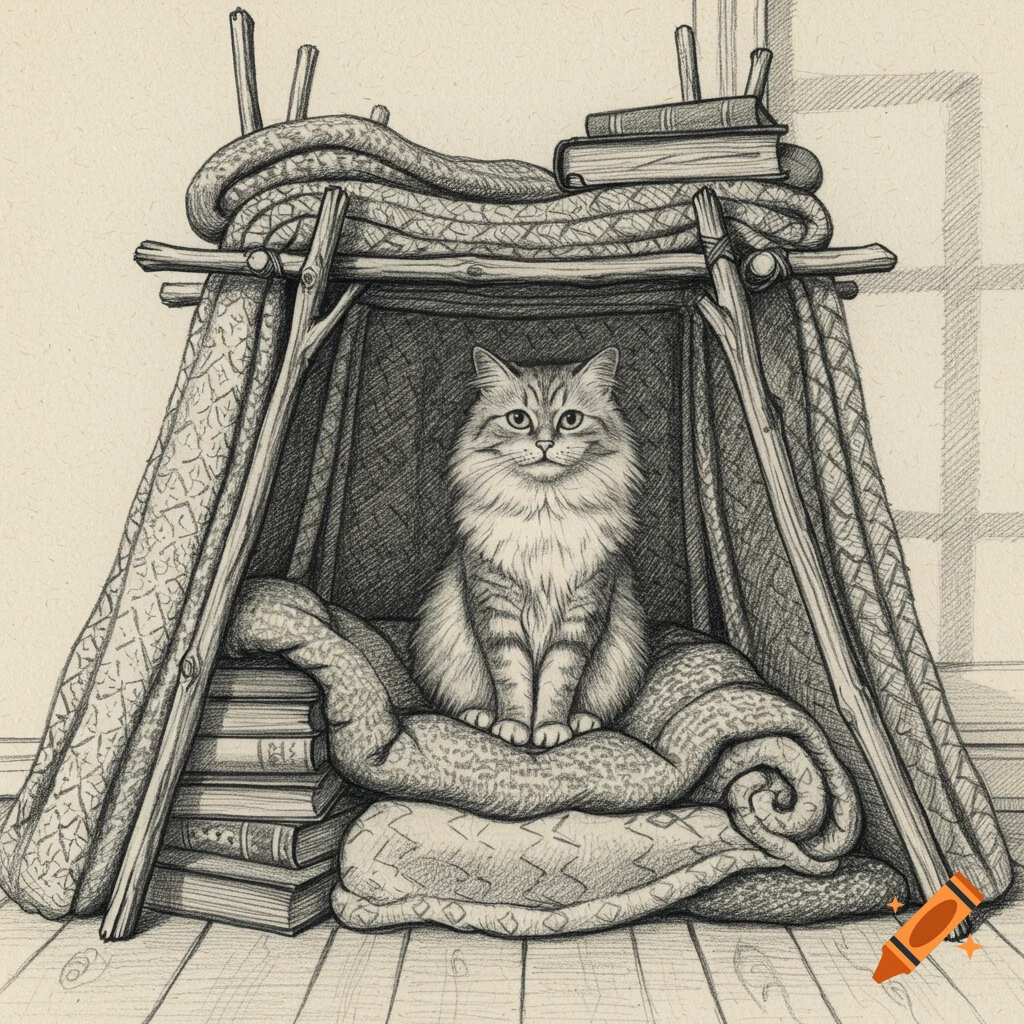 Pencil drawing of a fluffy cat sitting inside a cozy fort made of blankets and sticks, surrounded by books.