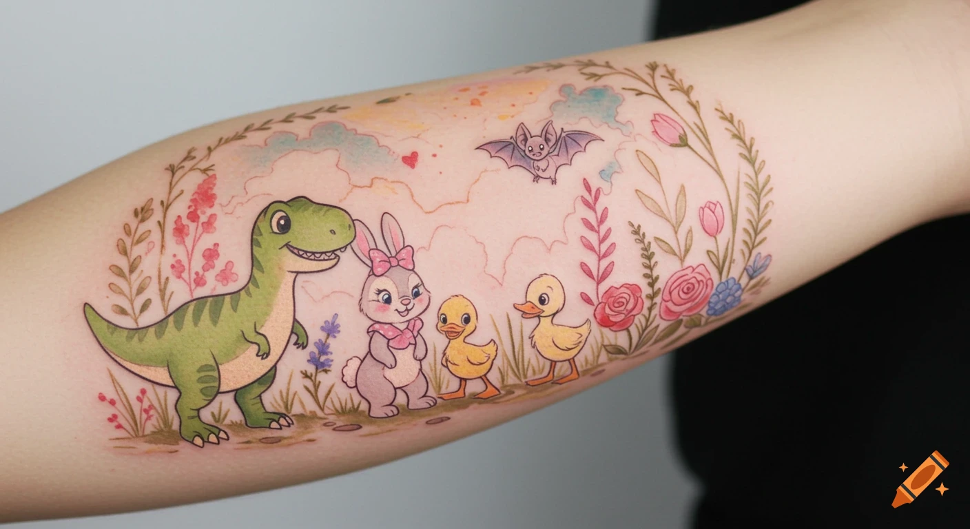 Watercolor tattoo of cartoon T-Rex, bunny, two ducklings, and bat in a floral nature scene on an inner forearm.