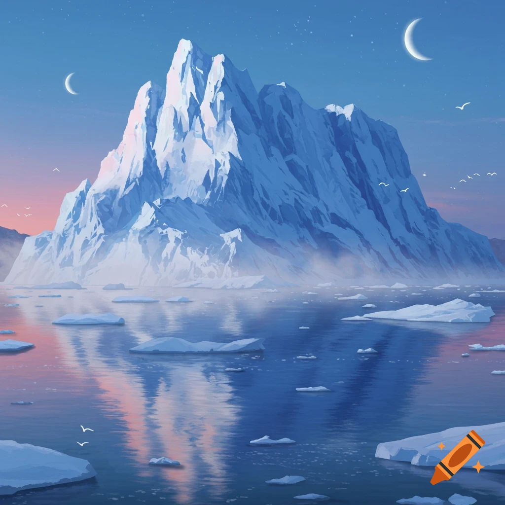 Digital painting of a large white glacier reflected in calm water under a blue sky with two crescent moons and scattered ice floes.