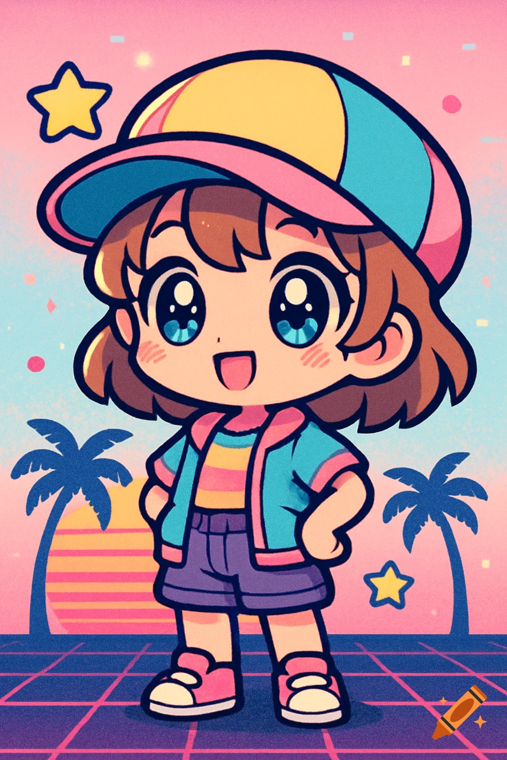 A cheerful chibi anime character in a colorful retro outfit stands in an 80s-style scene with palm trees, a sunset, and a grid floor.