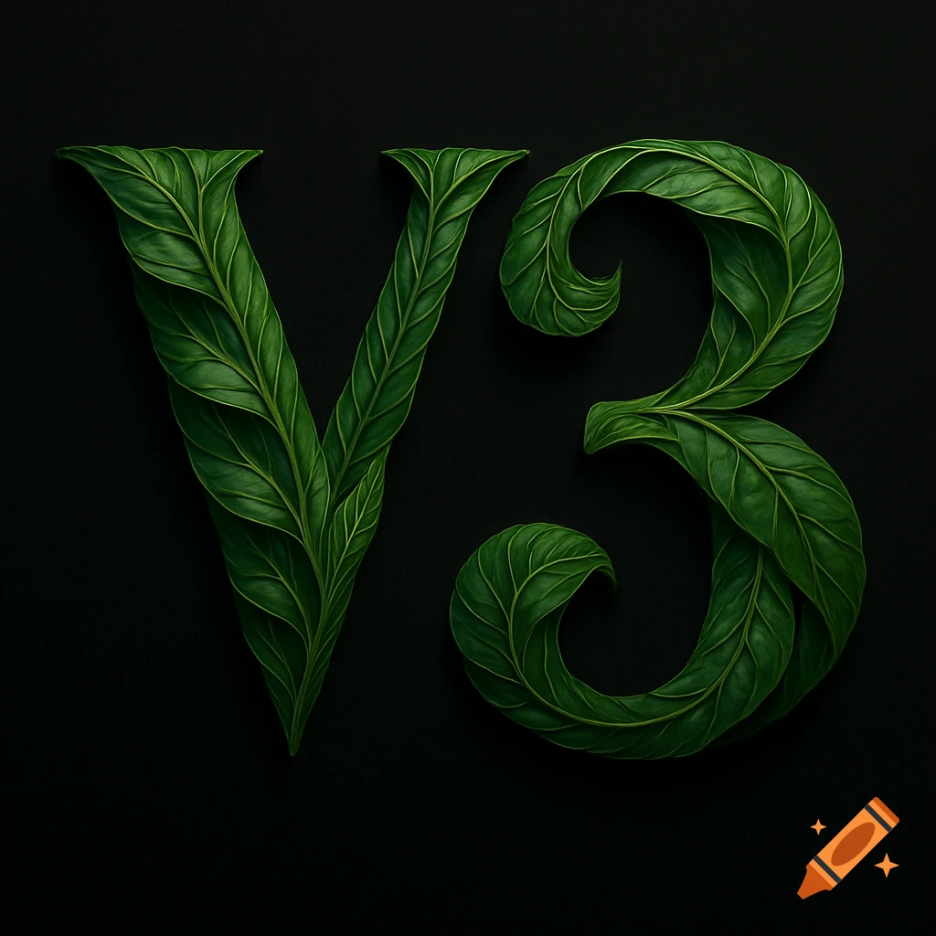 The letter V and number 3 formed by lush green leaves against a dark black background.