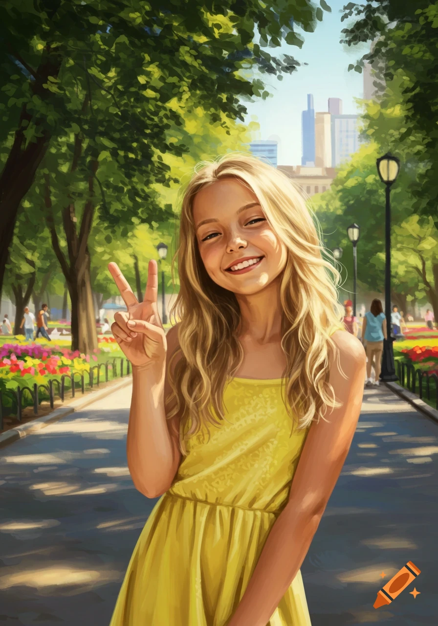Blond girl smiling and making a peace sign in a sunny park with trees and city buildings in a digital painting style.
