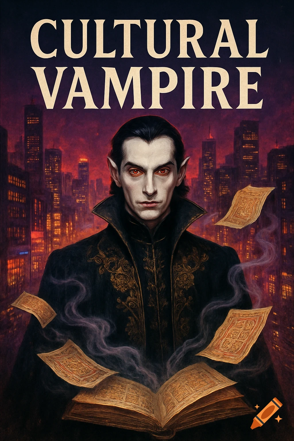 A vampire with red eyes and dark elegant attire stands before a glowing cityscape, with an open book and floating ancient texts, titled 'CULTURAL VAMPIRE'.