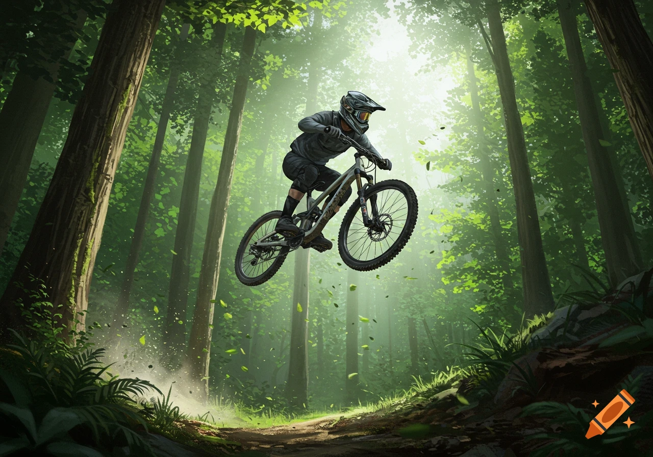A mountain biker in full gear jumps a dirt bike high in the air on a sunny forest trail.