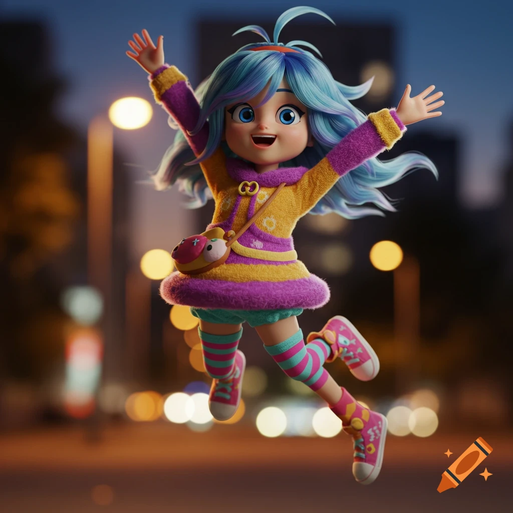 Vibrant 3D render of a happy cartoon girl with blue hair jumping in a city at night with blurred lights.