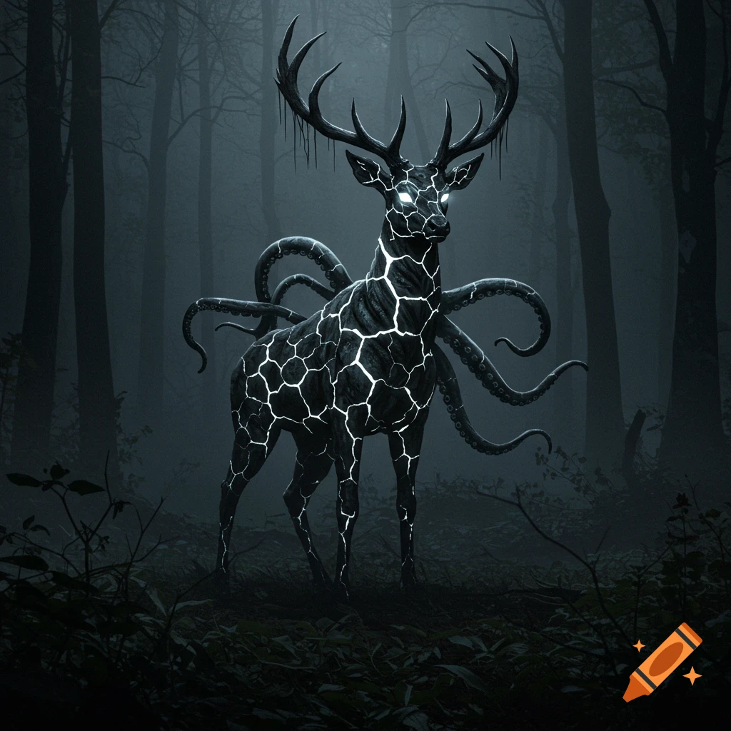 An eerie deer-like creature with glowing cracks on its dark body and tentacles on its back stands in a foggy forest.