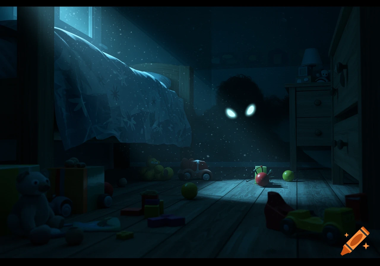 A shadowy boogeyman with glowing eyes lurks in a dark child's bedroom, lit by a moonbeam with floating dust motes.
