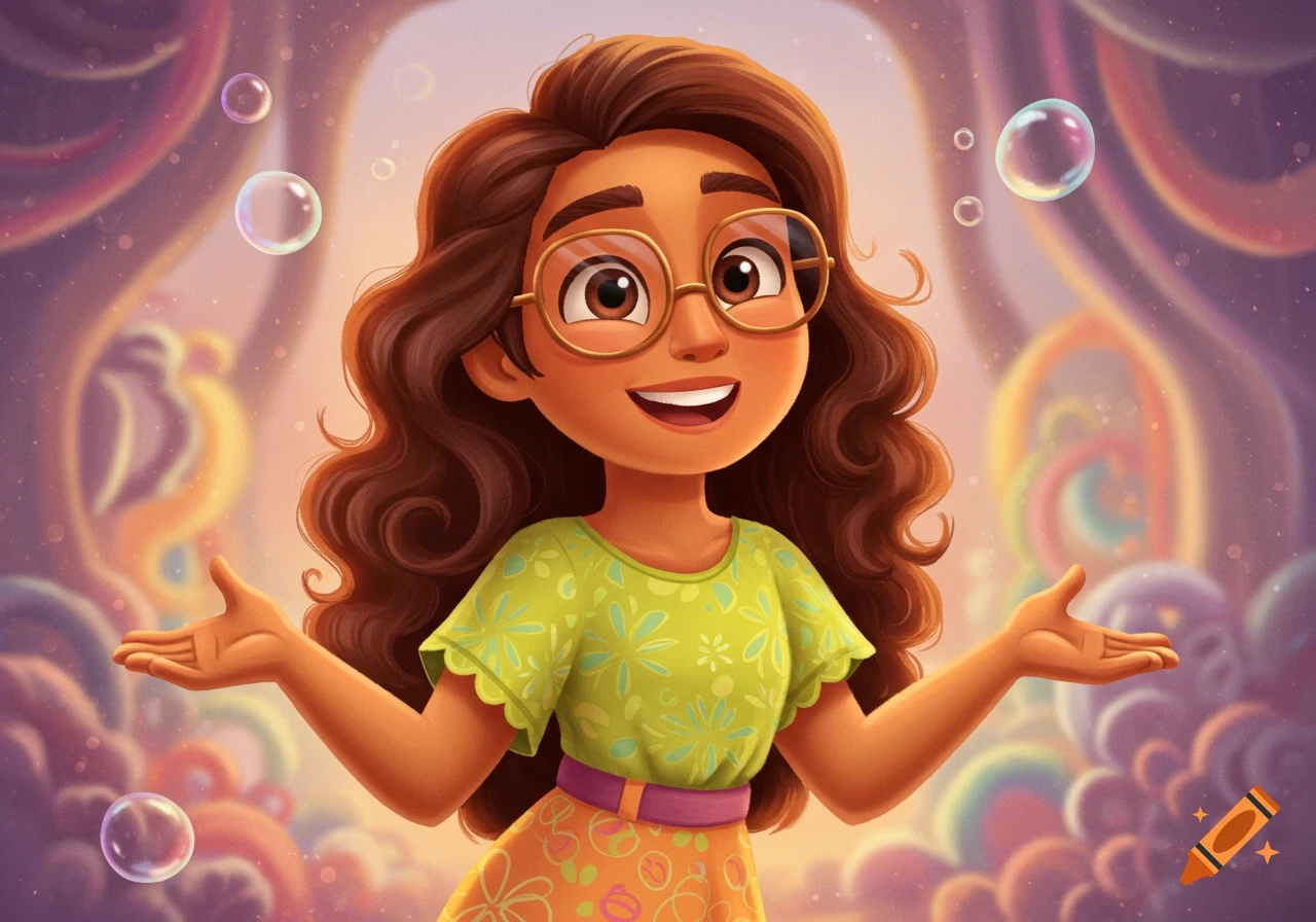 Joyful cartoon girl with long wavy brown hair, glasses, green patterned shirt, and open hands, surrounded by bubbles and a colorful background.