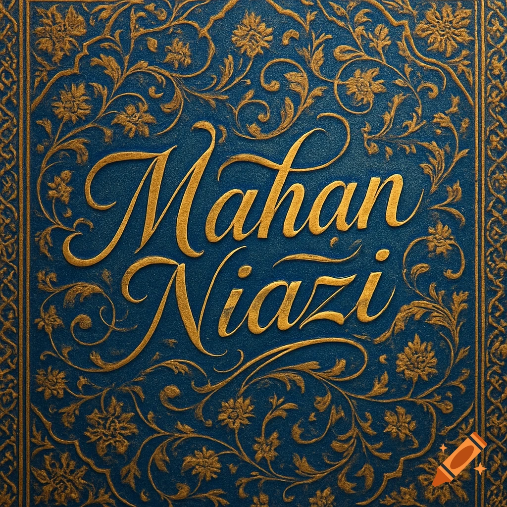 Gold calligraphic text 'Mahan Niazi' on a deep blue background with intricate Iranian-inspired gold floral patterns.