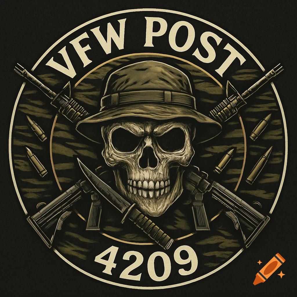 A military-themed logo with a skull in a boonie hat, crossed M4 rifles, a knife, and bullets on a tiger stripe background, text 'VFW POST 4209'.