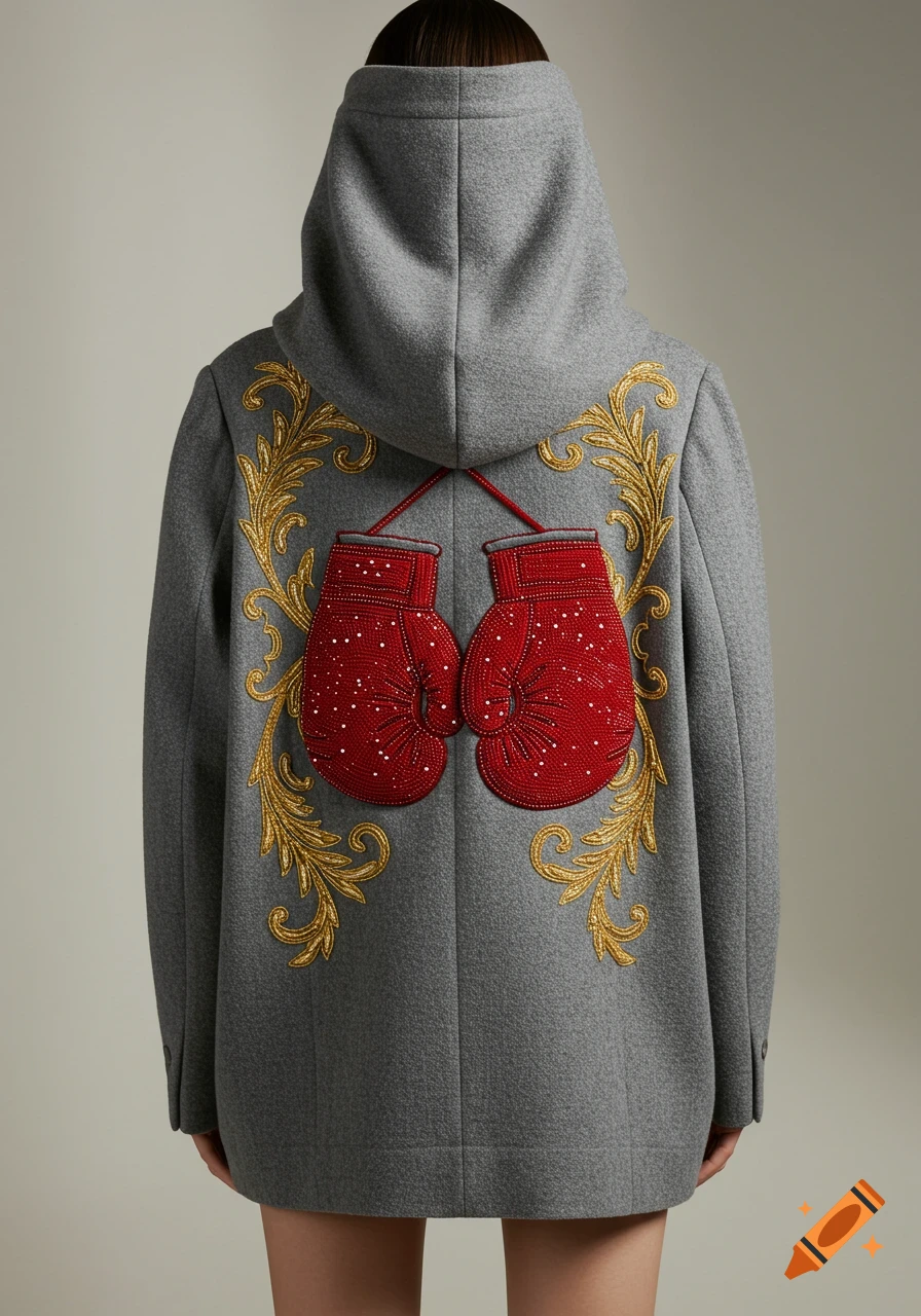Back of a person wearing a grey hooded jacket with beaded red boxing gloves and gold embroidery.