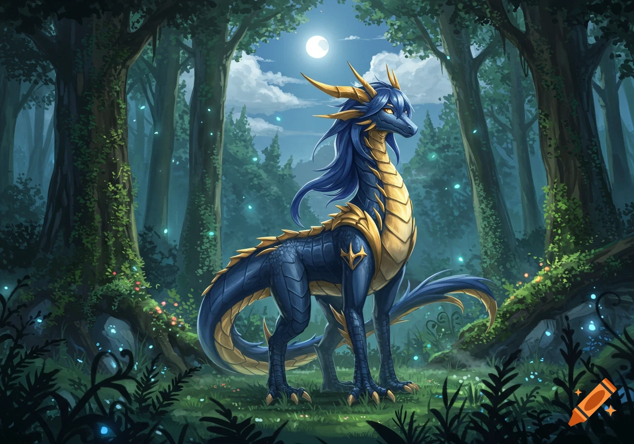 Blue and gold fantasy dragon with long blue hair in a magical moonlit forest, anime style.
