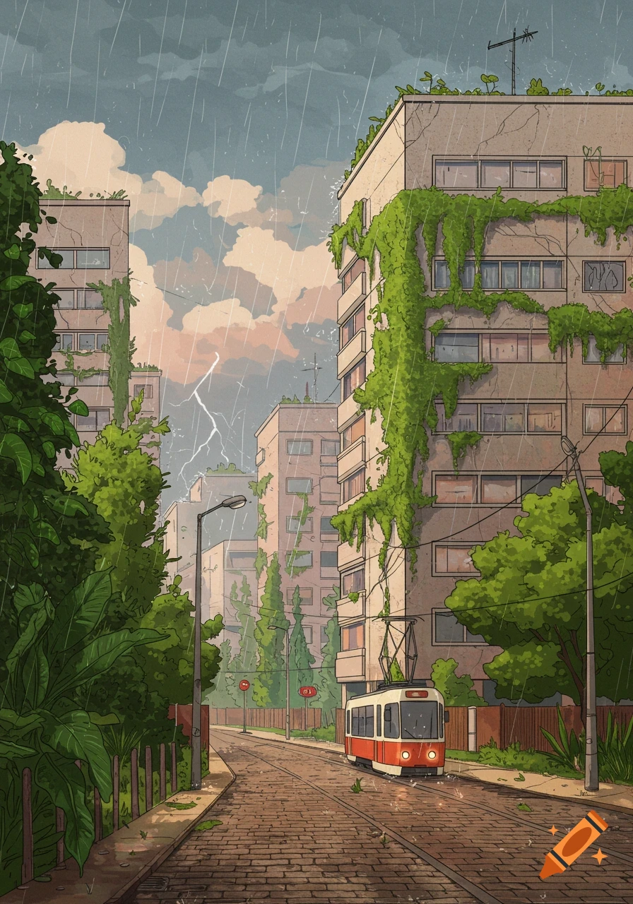 Illustrative rainy urban street with a red and white tram, ivy-covered buildings, lush trees, and lightning in the sky.