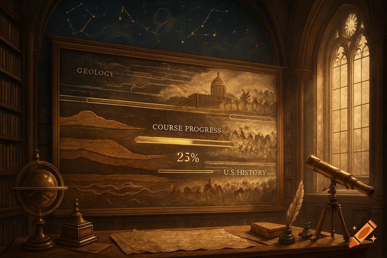 A dimly lit, vintage study with a large framed display showing 'Geology' and 'U.S. History' progress at 25%, next to a telescope and globe.