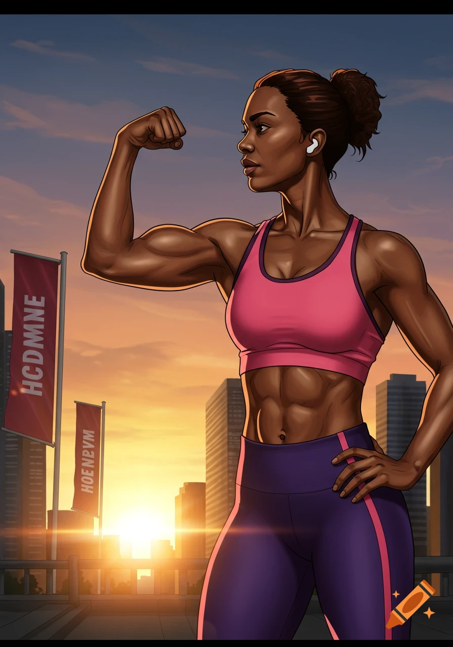 A muscular Black woman in a pink sports bra and purple leggings flexes her bicep at sunset in a city. Illustrated style.