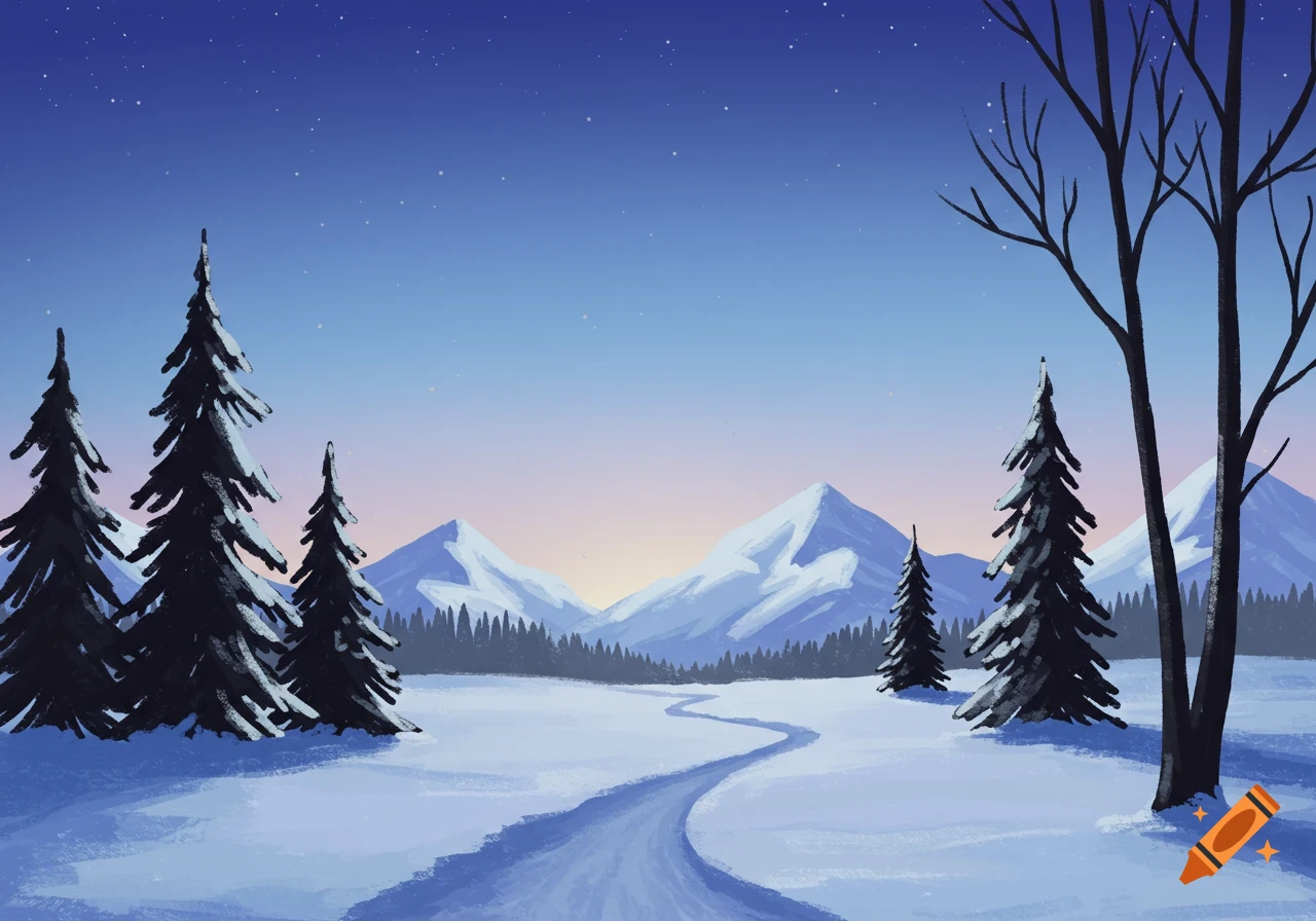 Painterly winter landscape with snowy mountains, pine trees, bare trees, and a winding path under a sunrise sky.