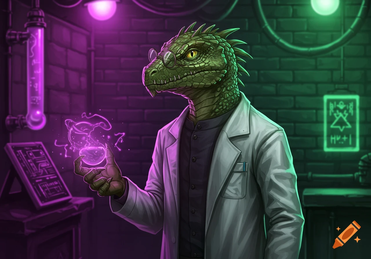 A green-skinned lizardfolk scientist in a lab coat and glasses holds a glowing purple beaker in a neon-lit laboratory.