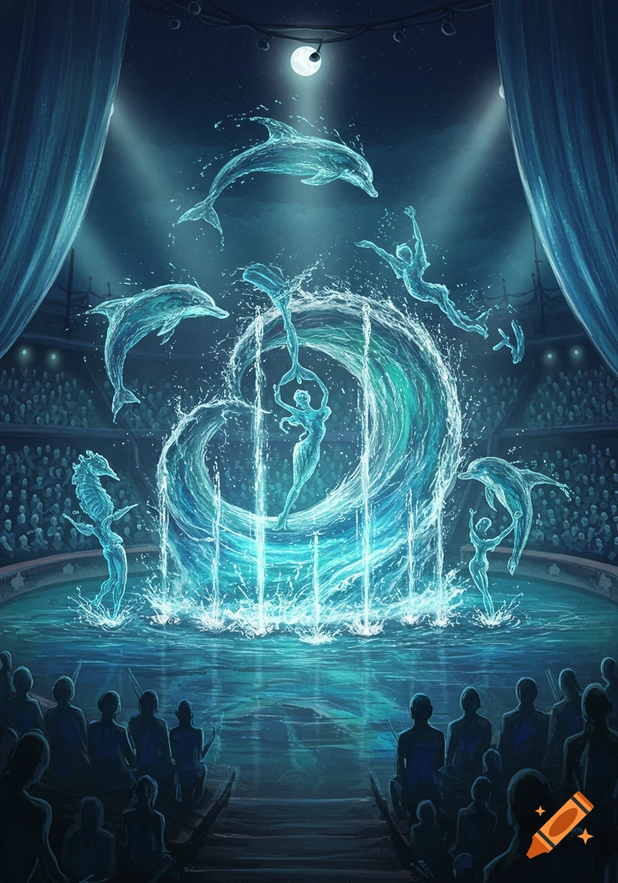 A fantastical water circus show with glowing blue figures of dolphins, humans, and a seahorse performing under spotlights for an audience.