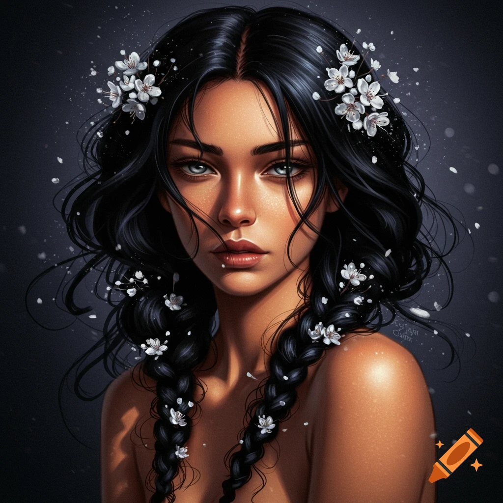 A detailed digital portrait of a woman with long dark braided hair adorned with white flowers, luminous grey eyes, and a solemn expression.