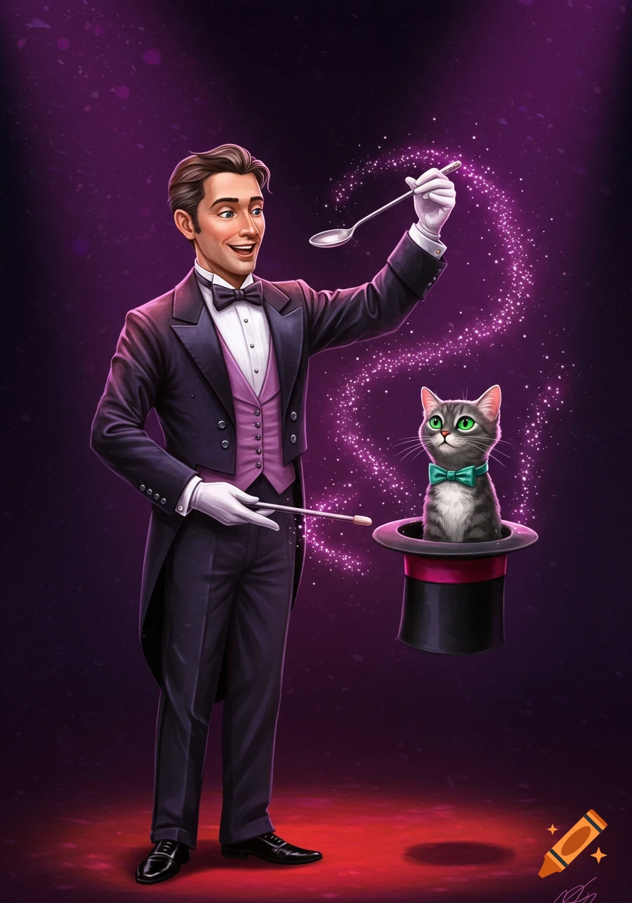 An illustrated magician in a tuxedo pulls a grey cat with a green bow tie from a top hat, surrounded by purple magic sparkles.