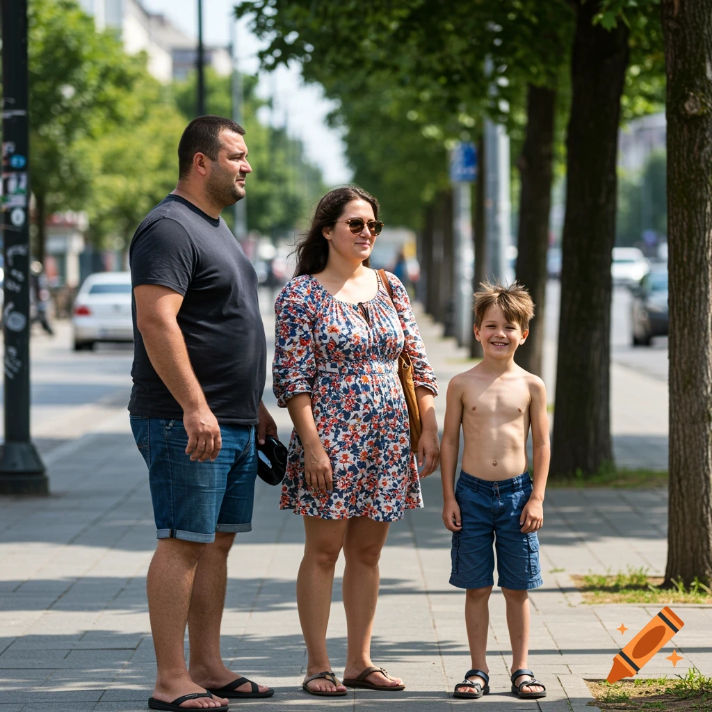 A man, a woman in a floral dress, and their shirtless son stand on a sunny sidewalk next to a tree-lined street.