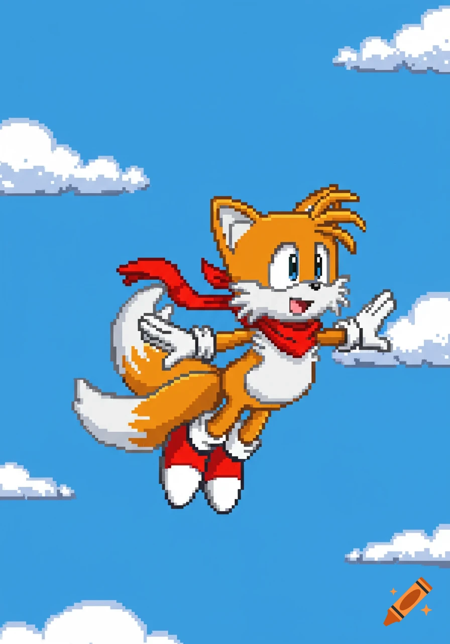 Tails the fox in pixel art style flying in a blue sky with white clouds, wearing a red scarf.