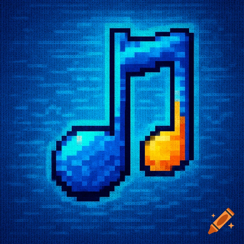 A vibrant blue and orange pixel art music note logo on a textured blue background.