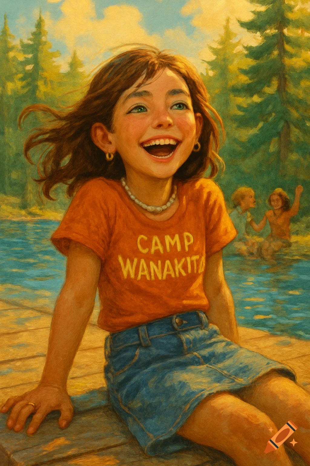 A laughing young girl in a Camp Wanakita t-shirt sits on a dock by a lake, with blurred friends in the background, in a vibrant storybook-style digital painting.